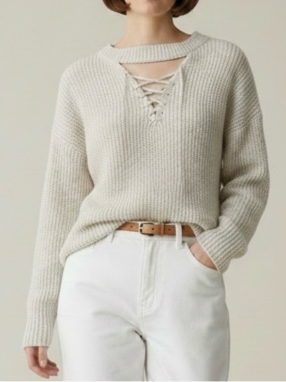 Devoted Sweater Lace Front Keyhole Neckline High  Low Hem Light Beige Small